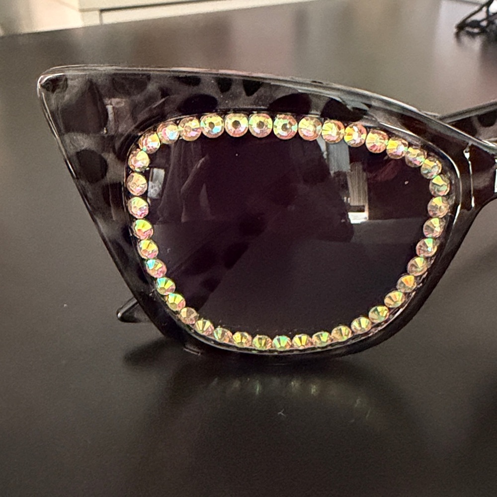 Leopard/black Iridescent Crystal-Trim Cat Eye Women’s Sunglasses - Picture 2 of 5